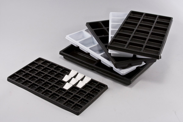 Collection of Black and White Durable Textured Plastic Tray Inserts in multiple compartment configurations