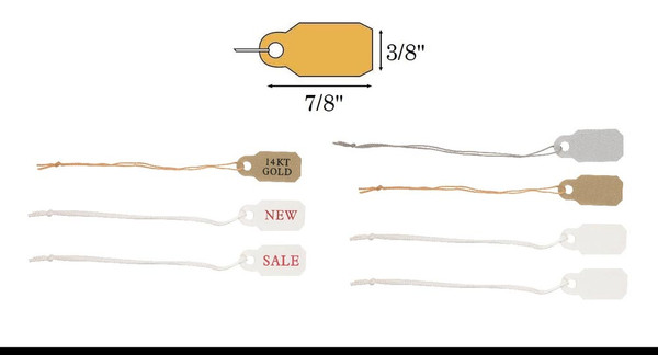 3/8" x 7/8" Pre-Printed Plastic and Paper String tags, 14KT GOLD, SALE, and NEW, Printed String Tags, as well as plain gold, silver, white string tags.