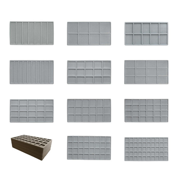 Group Image of the Grey Flocked Compartment Tray Liners, with all of the compartment variations available.
