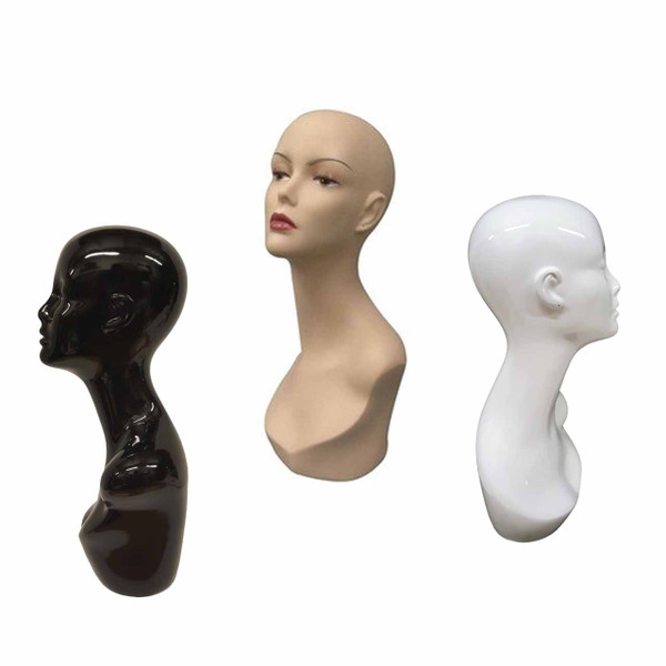 Group Image of Elegant Female Mannequin Head Stands in Black, White, and Light Fleshtone.