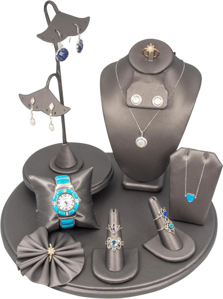 9 Piece Jewelry Display Set for Necklaces, Earrings, Rings, Bracelets, and watches. Perfect for businesses. (Steel Grey Faux Leather)