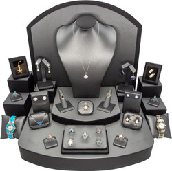 Jewelry Display with 28 Pieces for Rings, Necklaces, Bracelets, Pendants, Watches, and Earrings.