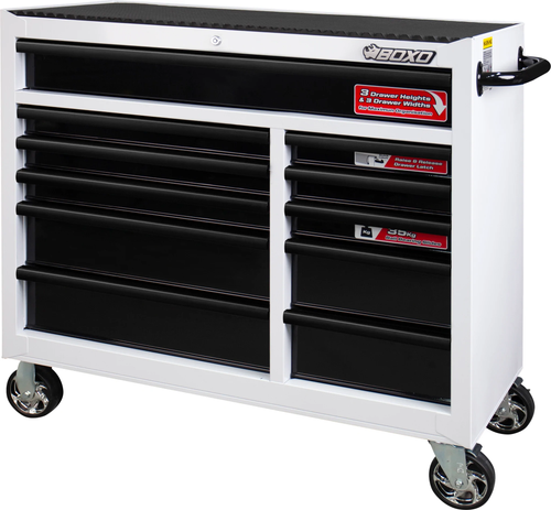 41" 11 Drawer Roll Cabinet with Drawer Trim Pack - White Body/Black Anodized Trims