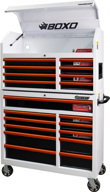 41" 19 Drawer Toolbox Stack with Drawer Trim Pack - White Body/Orange Anodized Trims