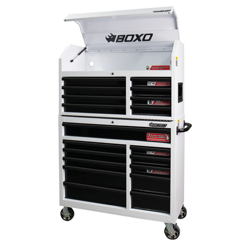 41" 19 Drawer Toolbox Stack with Drawer Trim Pack - White Body/Black Anodized Trims