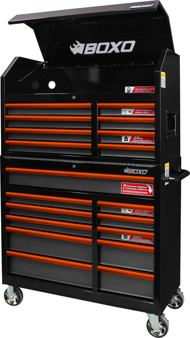 41" 19 Drawer Toolbox Stack with Drawer Trim Pack - Black Body/Orange Anodized Trims