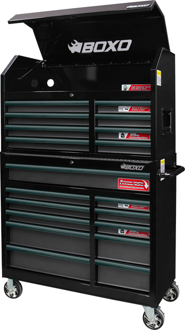 41" 19 Drawer Toolbox Stack with Drawer Trim Pack - Black Body/Grey Anodized Trims