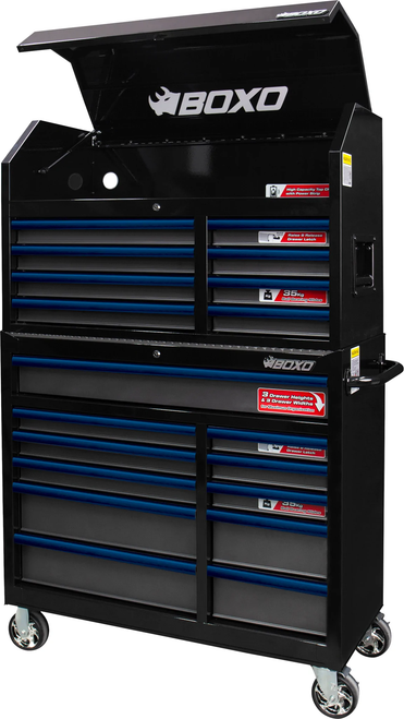 41" 19 Drawer Toolbox Stack with Drawer Trim Pack - Black Body/Blue Anodized Trims