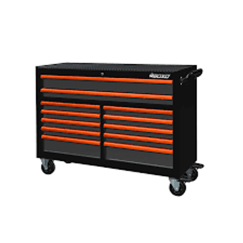 BOXO 53" 12 Drawer Roll Cabinet with Drawer Trim Pack - Black Body/Orange Gloss Trims