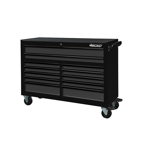 BOXO 53" 12 Drawer Roll Cabinet with Drawer Trim Pack - Black Body/Black Anodized Trims