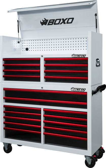 BOXO 53" 20 Drawer Toolbox Stack with Drawer Trim Pack - White Body/Red Anodized Trims