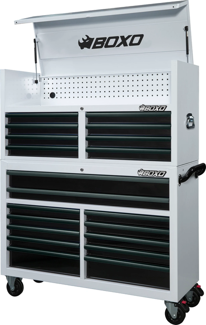 BOXO 53" 20 Drawer Toolbox Stack with Drawer Trim Pack - White Body/Grey Anodized Trims