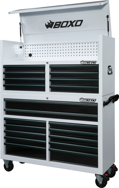 BOXO 53" 20 Drawer Toolbox Stack with Drawer Trim Pack - White Body/Green Gloss Trims