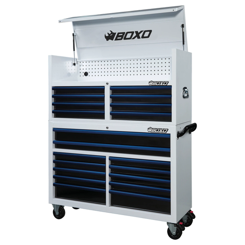 BOXO 53" 20 Drawer Toolbox Stack with Drawer Trim Pack - White Body/Blue Anodized Trims