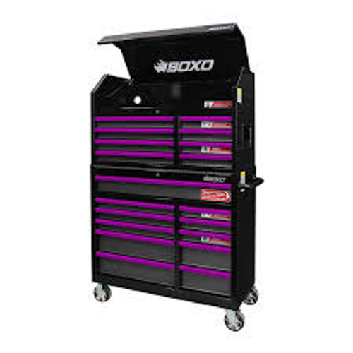 BOXO 53" 20 Drawer Toolbox Stack with Drawer Trim Pack - Black Body/Pink Gloss Trims