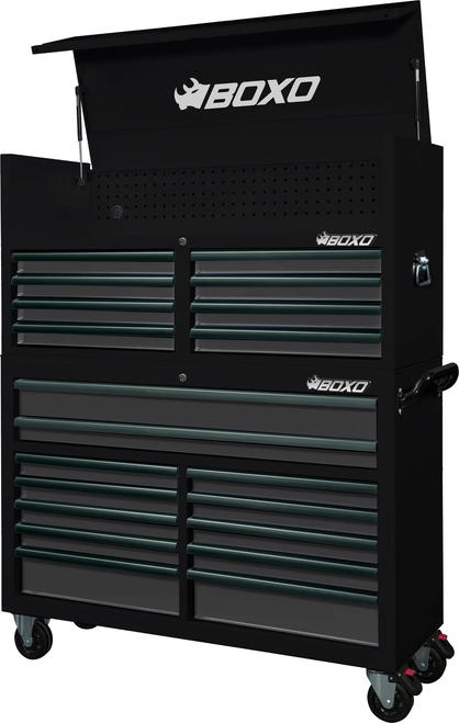 BOXO 53" 20 Drawer Toolbox Stack with Drawer Trim Pack - Black Body/Green Gloss Trims