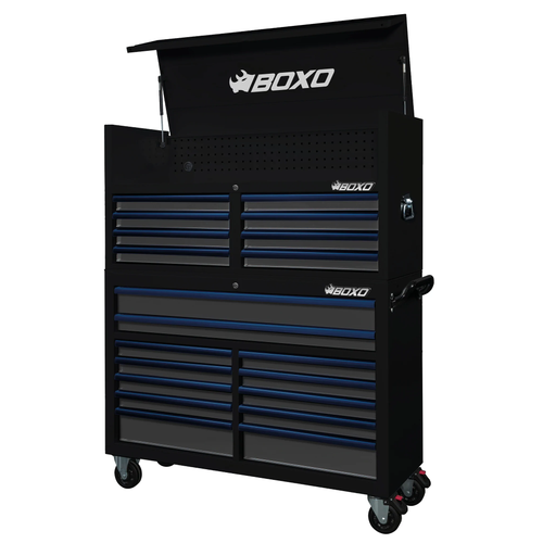 53" 20 Drawer Toolbox Stack with Drawer Trim Pack - Black Body/Blue Anodized Trims