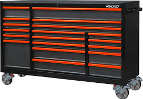 BOXO 72" 19 Drawer Triple Bank Roll Cabinet with Drawer Trim Pack - Black Body/Orange Gloss Trims