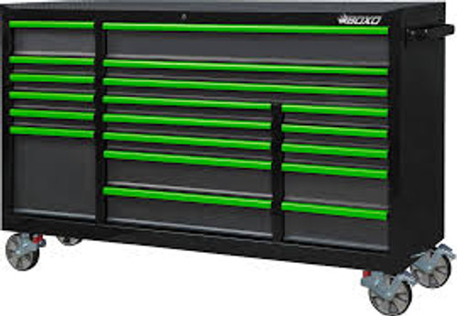 BOXO 72" 19 Drawer Triple Bank Roll Cabinet with Drawer Trim Pack - Black Body/Green Gloss Trims