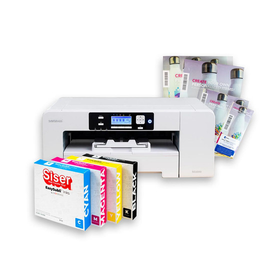 Sawgrass SG1000 sublimation printer bundle with the starter Siser EasySubli ink set and Jetcol DHS paper