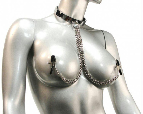 Chrome Slave Collar with Nipple Clamps - Small/Medium (AC238-SM)