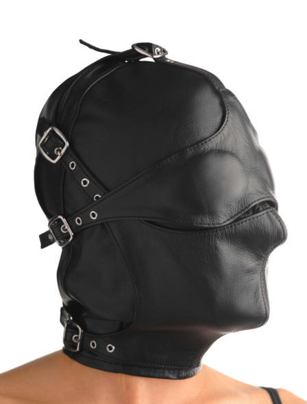 Asylum Leather Hood with Removable Blindfold and Muzzle- ML (AC890-ML)