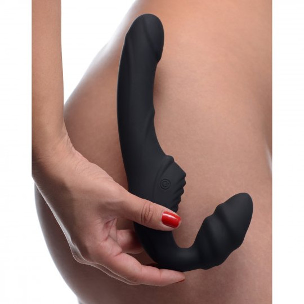 Slim Rider Ribbed Vibrating Silicone Strapless Strap On 