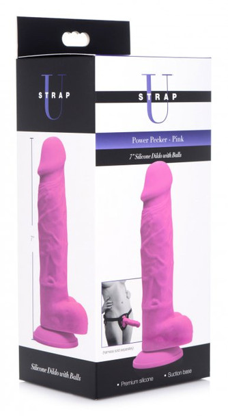 Power Pecker 7 Inch Silicone Dildo with Balls - Pink (packaged)