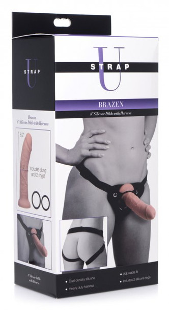 Brazen 8 inch Silicone Dildo with Harness (packaged)