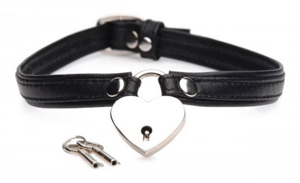 Heart Lock Leather Choker with Lock and Key - Black