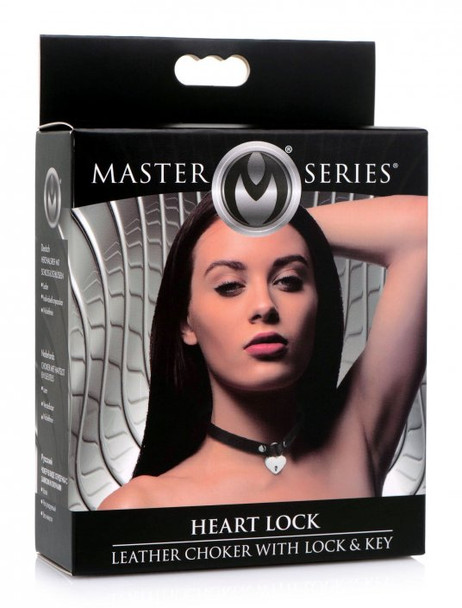 Heart Lock Leather Choker with Lock and Key - Black (packaged)