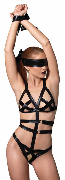 3 Piece Wet Look Bondage G-String Teddy with Restraints (AG811)
