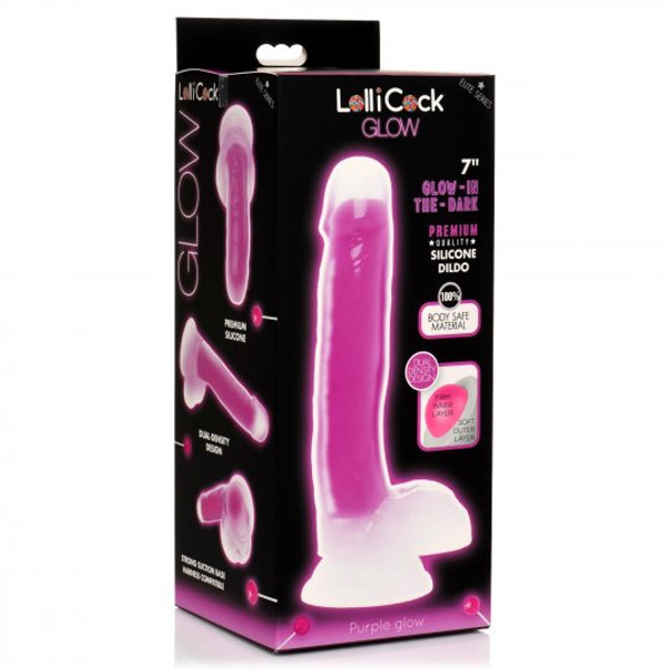 7 Inch Glow-in-the-Dark Silicone Dildo with Balls - Purple (packaged)