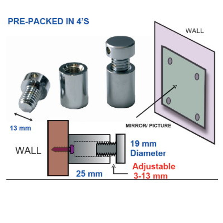 Stand Off Wall Mounts Chrome 19X 25mm Chrome 4 Pc