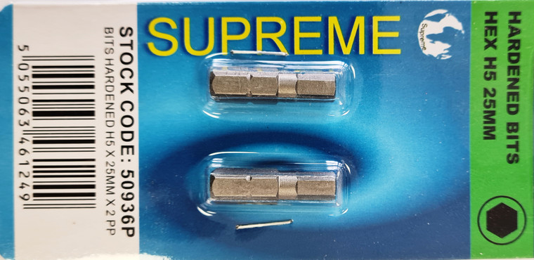 Supreme Hex H5 X 25mm Hardened Bit X 2 Pre Packed