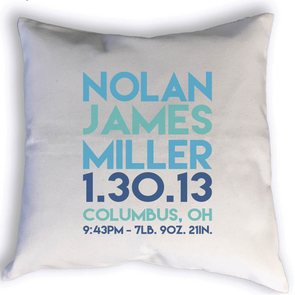 Custom Birth Stats throw pillow with name, birth date, city, state, time, weight & length. Image shows stats printed in blues.