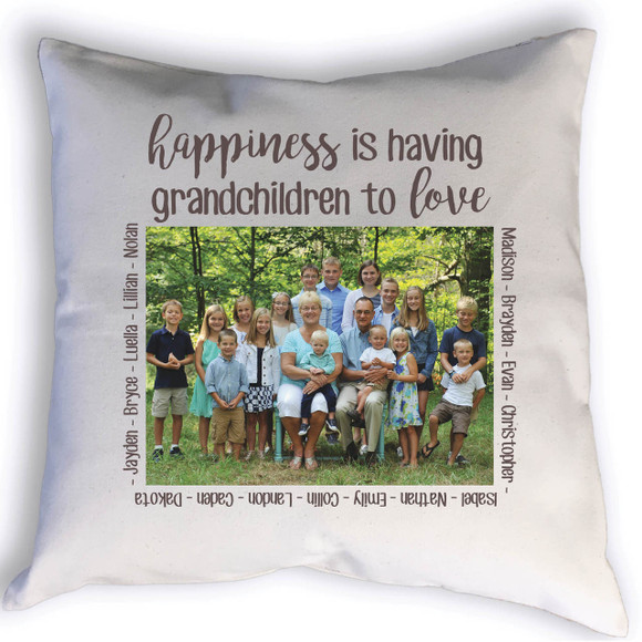 This beautiful custom pillow for grandparents is sure to be a hit. Featuring a photo and names of grandchildren customized with your photo and information.