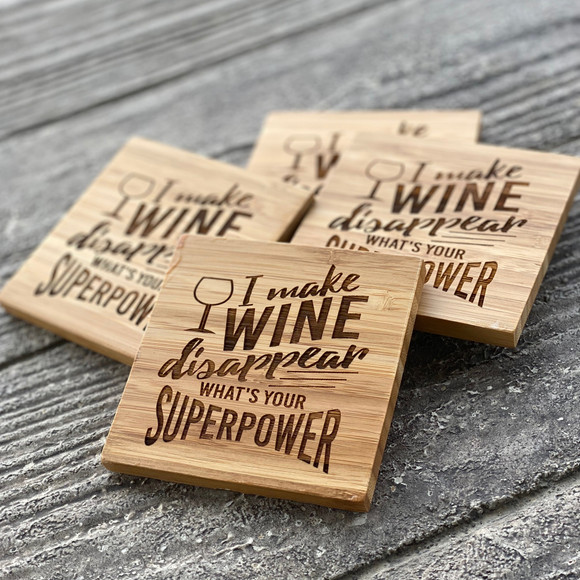 Set of 4 I Make Wine Disappear Engraved Drink Coasters