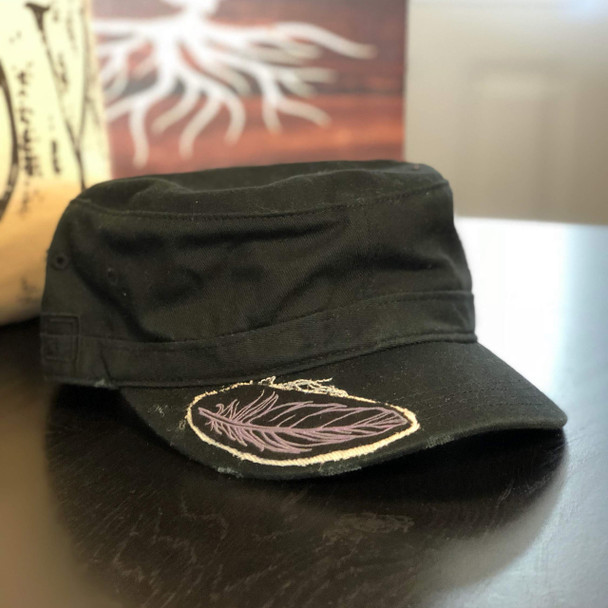 Black Distressed Military Feather Patch Hat