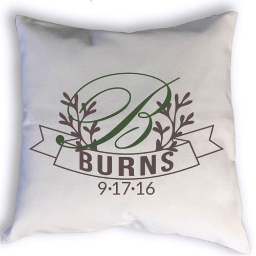 Custom Wreath With Family Name In Banner And Anniversary Pillow