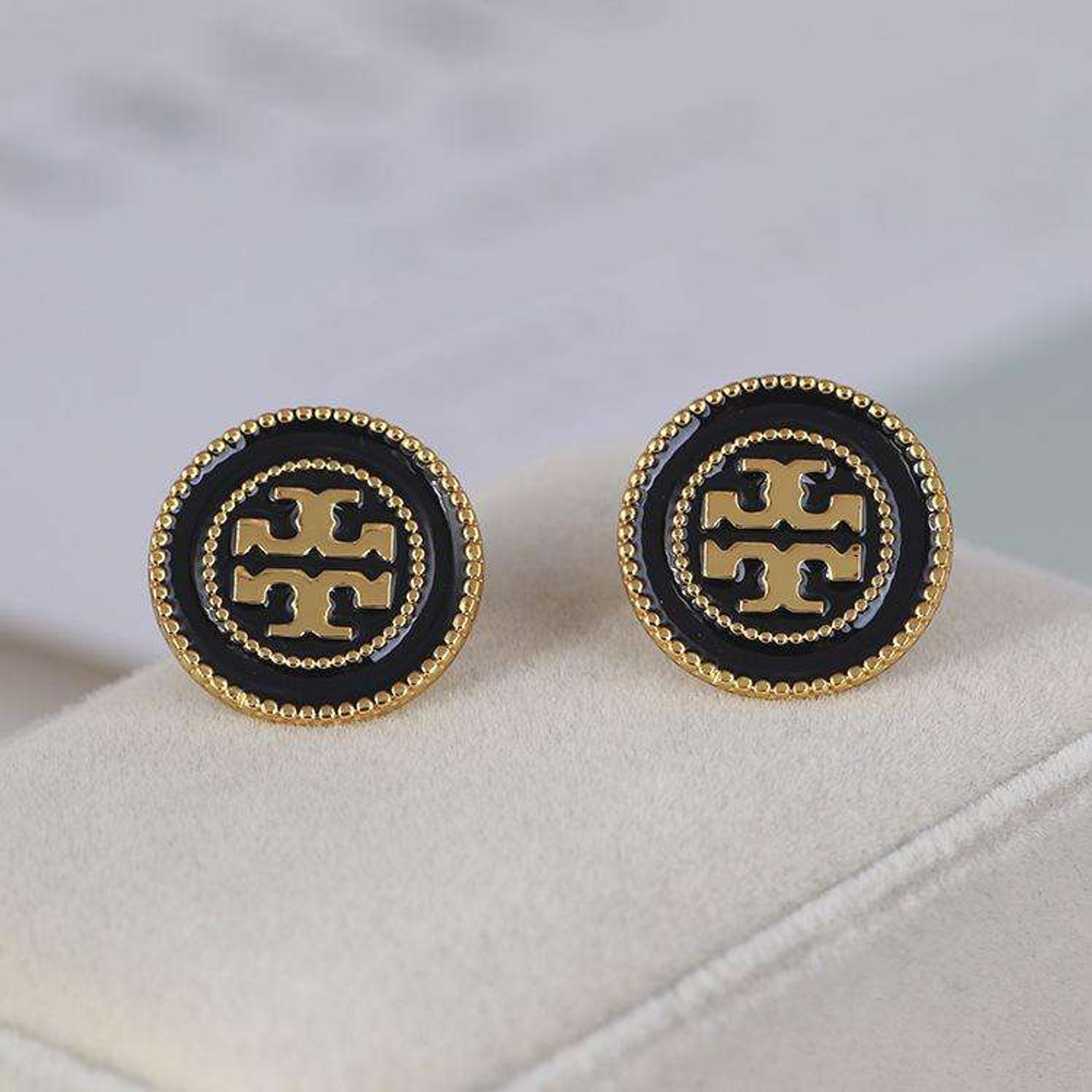 Tory Burch Black Double Circle Gold Logo Stud Earrings on Card - Luxe Time