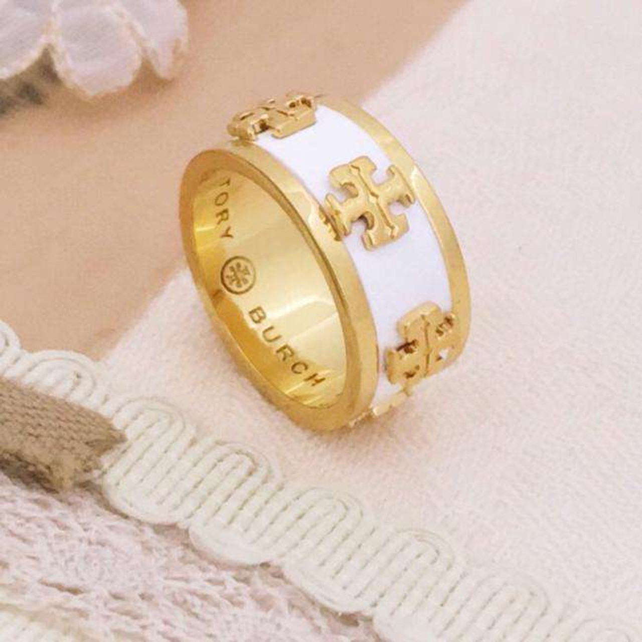 Tory Burch White and Gold Enameled Raised Logo Ring - Size 7 