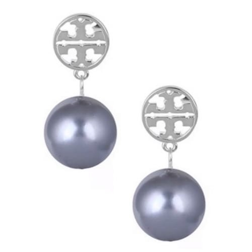 Tory Burch Silver Gray Pearl Logo Drop Earrings on Card
