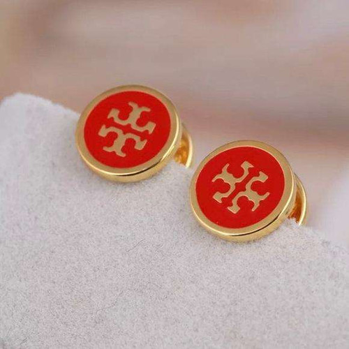 Tory Burch Red Lacquered T Logo Gold Stud Earrings on Card