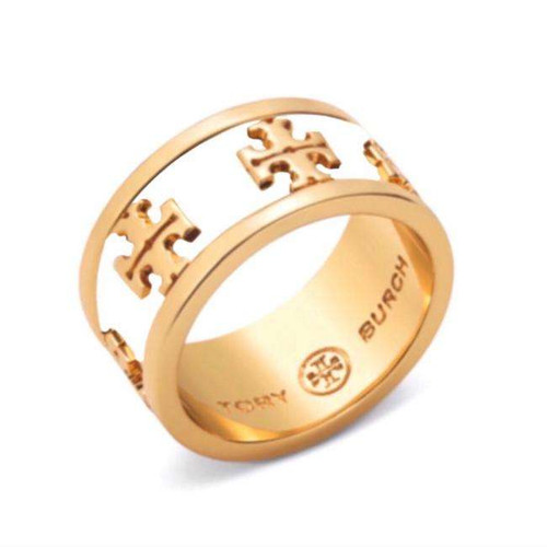 Tory Burch White and Gold Enameled Raised Logo Ring Size 6, 8