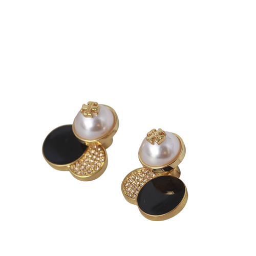 Tory Burch Black Enamel Pearl Crystal Cluster Stud Earrings