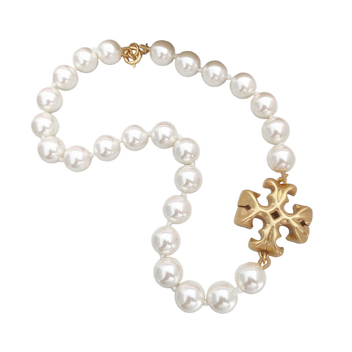 Tory Burch Women's Silver Pearl Logo Charm Rosary Necklace