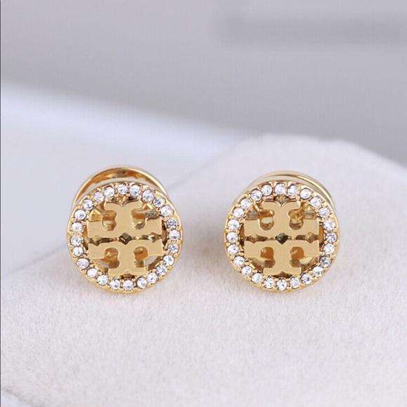 Tory Burch Gold Logo Circle Crystal Stud Earrings on Card - Luxe Time