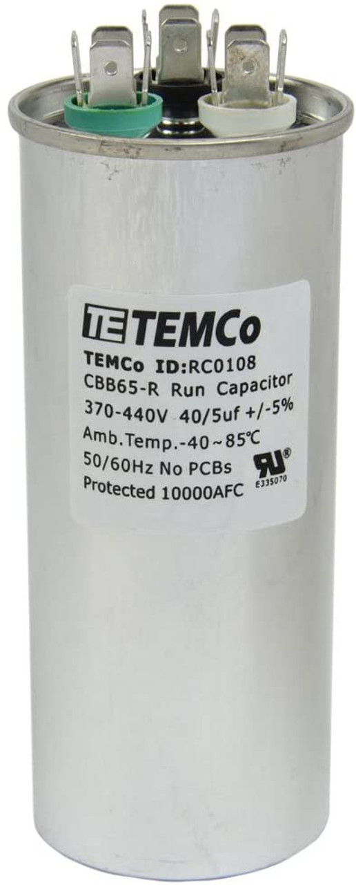 TEMCo 40+5 uF Dual Run Capacitor CBB65, 40/5 MFD, 370-440V