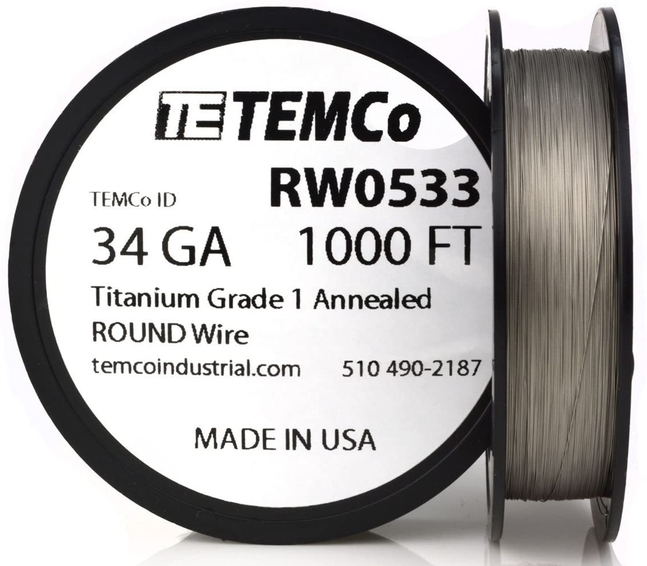 Titanium Wire 34 AWG RW0533 - 1000 FT 0.98 oz Surgical Grade 1  Non-Resistance AWG - TEMCo Industrial